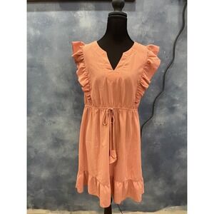 Umgee USA Ruffle Sleeve Dress Corral Sleeveless V Neck Drawstring Waist Ladies L